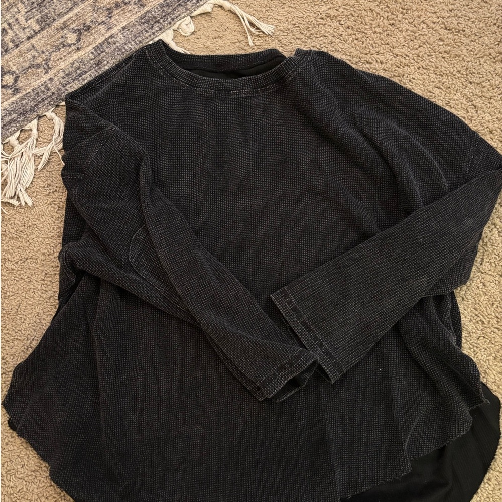 SHEIN Black Waffle Knit Long Sleeve Top